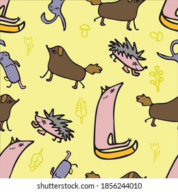 Children's seamless pattern on a yellow background. Cute animals hand-drawn. Dog, hare, fox, hedgehog stylized as a child's drawing. Print for baby clothes
