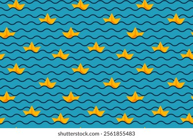 Childrens seamless pattern with paper boats on the waves. Summer design for clothing, fabric, wallpaper, textiles. Vector illustration