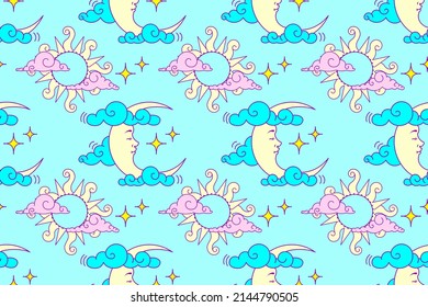 Children's seamless pattern. Pastel Blue night sky with sun and crescent moon. Newborn Baby graphic. Kids fabric, wallpaper, background.