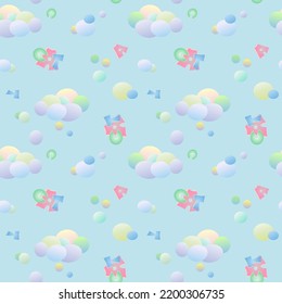 Kindernahtloses Muster in Pastellfarben mit Farbwolken und der Aufschrift "Katze"