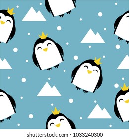Children's seamless pattern with penguins and ice. Penguins princes with crowns and stars.