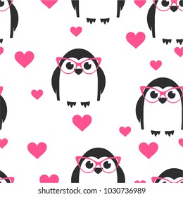 Children's seamless pattern with penguins. Penguins in pink glasses and hearts.