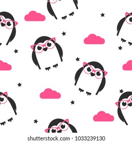 Children's seamless pattern with penguins. Penguins in pink glasses and stars and clouds.