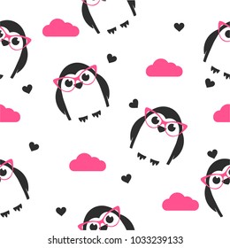 Children's seamless pattern with penguins. Penguins in pink glasses and hearts.