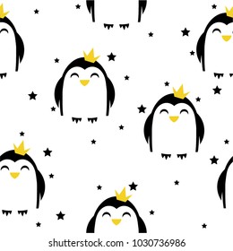 Children's seamless pattern with penguins. Penguins princes with crowns and stars.