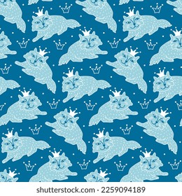 Children's seamless pattern with pet cats princesses on blue background. Hand-drawn animals for boys and girls. Cute fluffy cartoon kittens for baby fabric repeat print. Vector doodle illustration.