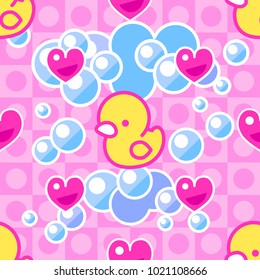Children's seamless pattern. Pink background, yellow rubber ducks, soap foam and hearts. Kawaii style.