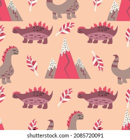 Children's seamless pattern in pink with a dinosaur, mountains, and bitten leaves.Vector illustration in flat style for baby textiles with cute dinosaur