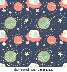 Children's seamless pattern with planets, aircraft and stars. Space pattern for children. Planets with rings and patterns, dotted lines as the planets move. Vector illustration.