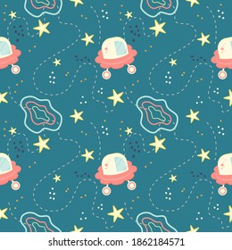 Children's seamless pattern with planets, aircraft and stars. Space pattern for children. Planets with rings and patterns, dotted lines as the planets move. Vector illustration.