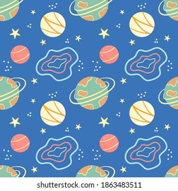 Children's seamless pattern with planets and stars. Space pattern for children. Planets with rings and patterns, dotted lines as the planets move. Vector illustration.