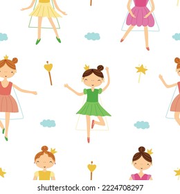 Children's seamless pattern of princesses in different poses, hand-drawn on a white background for textile and nursery decoration
