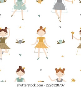 Children's seamless pattern of princesses in different poses, hand-drawn on a white background for textile and nursery decoration