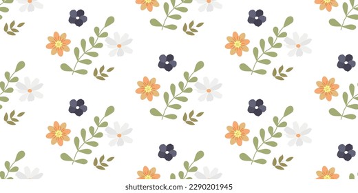 children's seamless pattern for printing on fabric and paper from delicate flowers and branches of leaves in pastel colors