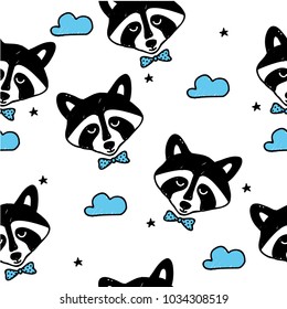 Children's seamless pattern with raccoons, clouds and stars. Hand-drawn Vector illustration. Baby pattern.