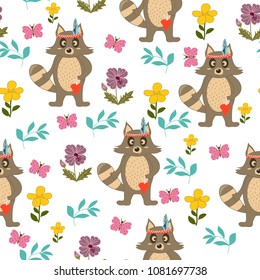 Children's seamless pattern with raccoons. Raccoon, butterflies, flowers, plants. Hand-drawn. For print.