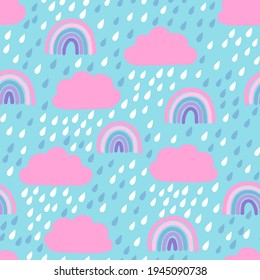 Children's seamless pattern with rain, clouds and rainbow