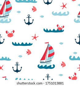 Children's seamless pattern with sailboats, starfish, crab, anchor and fish on white background. Cute texture for kids room design, Wallpaper, textiles, wrapping paper, apparel. Vector illustration