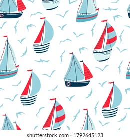 Children's seamless pattern with sailboats, yachts and seagulls on white background. Cute texture for kids room design, Wallpaper, textiles, wrapping paper, apparel. Vector illustration