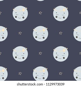 Children's seamless pattern in Scandinavian style sleeping smiling moon on blue navy background.