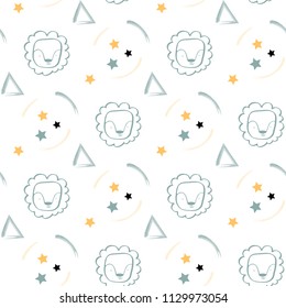 Children's seamless pattern in Scandinavian style with shapes stars smiling lion face.
