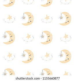 Children's seamless pattern in Scandinavian style sleeping smiling yellow moon on white background.