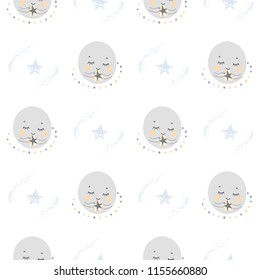 Patrón impecable de los niños al estilo escandinavo durmiendo luna gris sonriente sobre fondo blanco.