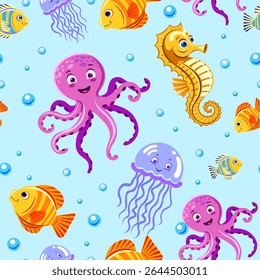 Padrão contínuo das crianças criaturas do mar polvo colorido peixe seahorse água-viva bolhas de ar em um pastel azul suave personagens de fundo em estilo de desenho animado Vetor