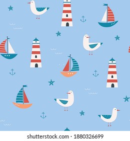 Children's seamless pattern with seagulls, lighthouses, sailboats, starfish, waves, anchors. Nautical vector pattern. Pattern for kids and babies. Childish background. 
