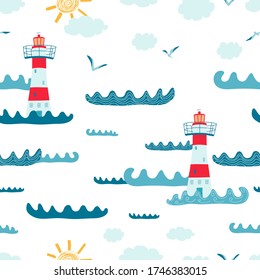 Children's seamless pattern with with seascape, lighthouse, Seagull on white background. Cute texture for kids room design, Wallpaper, textiles, wrapping paper, apparel. Vector illustration