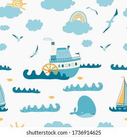 Children's seamless pattern with seascape, steamer, sailboat, whale, Seagull on white background. Cute texture for kids room design, Wallpaper, textiles, wrapping paper, apparel. Vector illustration