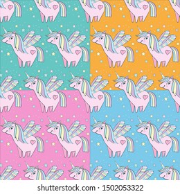 Children's seamless pattern set. Cute little pink magical unicorn with wings among the stars. Delicate, pastel colors. Romantic hand drawing illustration for children. Fairytale character. 