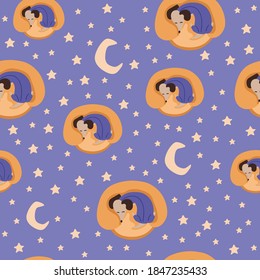 Children's seamless pattern with sleep Dachshund dogs in cartoon style. Cute texture for kids room design, Wallpaper, textiles, wrapping paper, apparel. Vector illustration