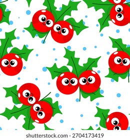 Children's seamless pattern of smiling Christmas holly berry characters on a white background with snow