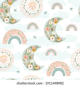 Children's seamless pattern with spring rainbow, moon, sun, bird and flower in pastel colors. Cute texture for kids room design, Wallpaper, textiles, wrapping paper, apparel. Vector illustration