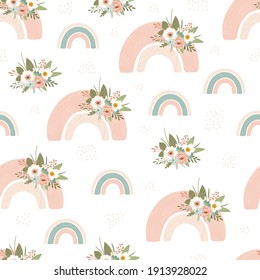 Children's seamless pattern with spring rainbow and flower in pastel colors. Cute texture for kids room design, Wallpaper, textiles, wrapping paper, apparel. Vector illustration