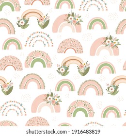 Children's seamless pattern with spring rainbow and flower in pastel colors. Cute texture for kids room design, Wallpaper, textiles, wrapping paper, apparel. Vector illustration