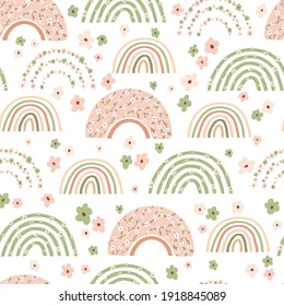 Children's seamless pattern with spring rainbow and flowers in pastel colors. Cute pattern for kids room design, Wallpaper, textiles, wrapping paper, apparel. Vector illustration