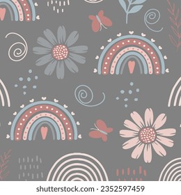 Children's seamless pattern with spring rainbow and flowers in pastel colors. Cute pattern for kids room design, Wallpaper, textiles, wrapping paper, apparel. Vector illustration