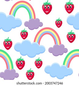 Children's seamless pattern with strawberries and rainbows, vector illustration. Character berry on a background of rainbow and clouds. Cute background for baby wallpaper and packaging.