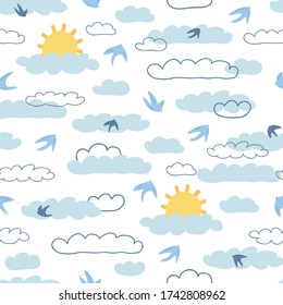 Children's seamless pattern with sun, clouds on white background in cartoon style. Cute texture for kids room design, Wallpaper, textiles, wrapping paper, apparel. Vector illustration