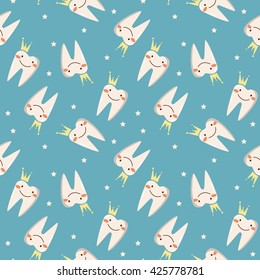 Children's seamless pattern. The tooth in the crown. Red. Vector illustration in flat style. Pattern for clothing, backgrounds, baby products