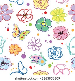 Children's seamless pattern in vector with butterflies and flowers