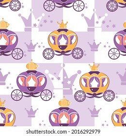 Children's seamless pattern with a vector illustration of a fabulous carriage. Cinderella pattern, children's textiles, notepad, gift wrapping paper, fabric. svg