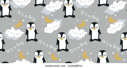 Children's seamless pattern. Vector stock illustration.Hand draw style. Design for wallpaper and fabric. Gray background. Penguin. Animal. Clouds and stars. Moon.