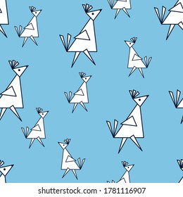 Children's seamless pattern with white bird. Fun geometric animals background