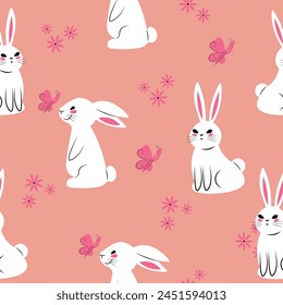 Liebres blancas de patrón sin costuras de los niños en un fondo rosa suave mariposas flores con Vector de efecto dibujado a mano