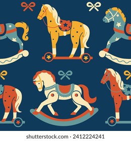 Children's seamless pattern with a wooden horse. Vintage bright vector illustration of rocking horse. Retro fun playful background. Hand drawn, not AI
