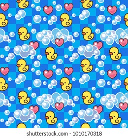 Children's seamless pattern. Yellow rubber ducks, soap foam and hearts. Take a bath with foam.