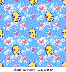 Children's seamless pattern. Yellow rubber ducks, soap foam and hearts. Take a bath with foam. Kawaii style.